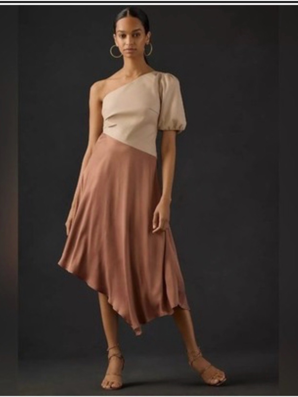 Anthropologie Asymmetric One-Shoulder Two-Tone Midi Dress in Beige and Brown NWT